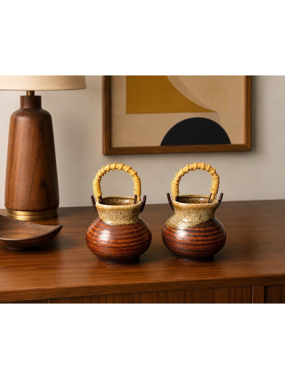 Studio Pottery Vintage 1970s 2 Miniature Basket Vases Drip Glaze, 1.5x4”